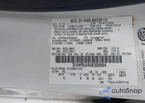 2010 Ford Fusion Sel из США, поврежденный, VIN 3FAHP0JA9AR300004